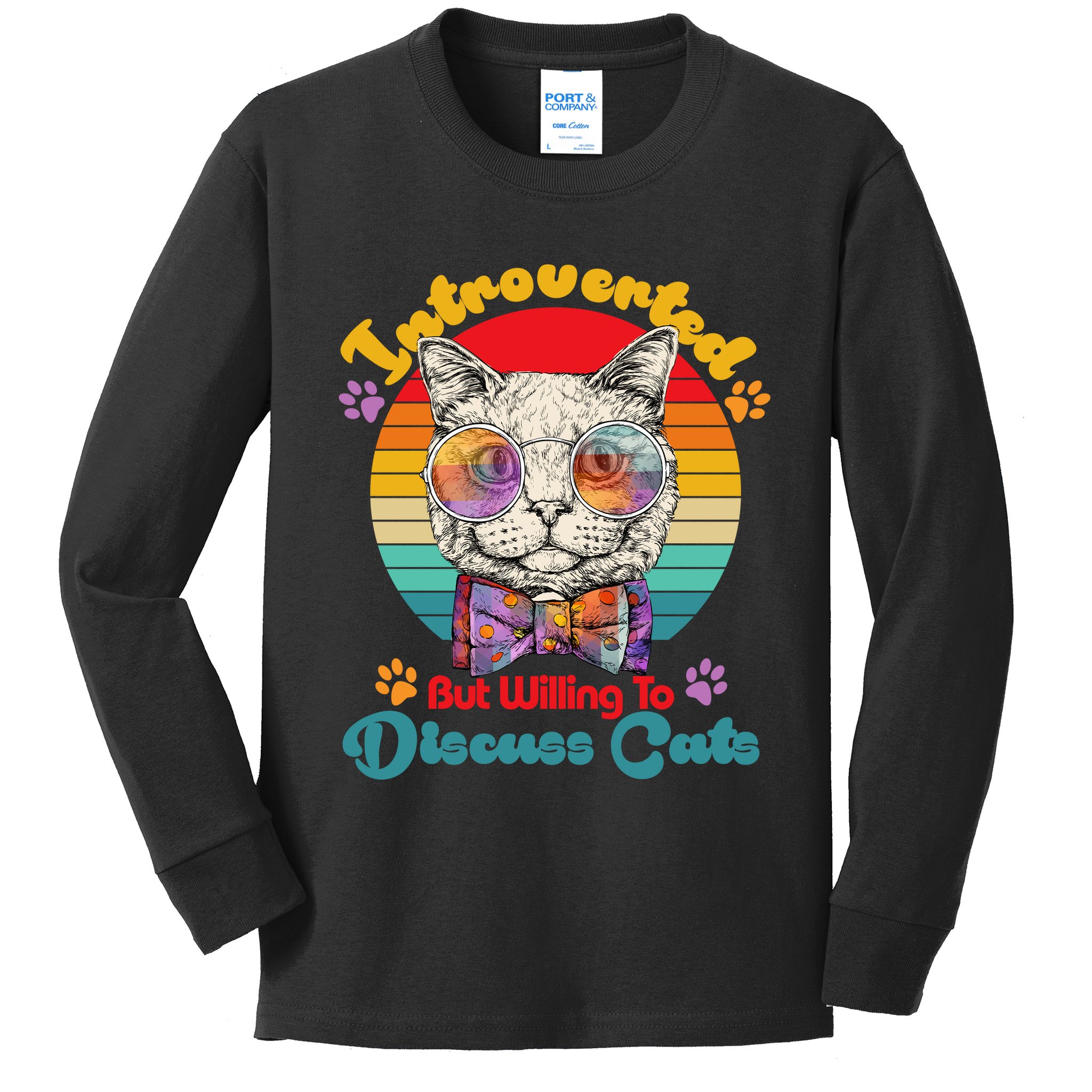 Funny Retro Hippy Hipster Glasses Cat Introverted But Willing To Discuss Cats Kids Long Sleeve Shirt