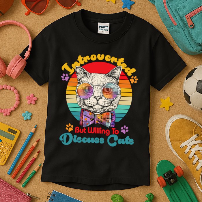 Funny Retro Hippy Hipster Glasses Cat Introverted But Willing To Discuss Cats Kids T-Shirt