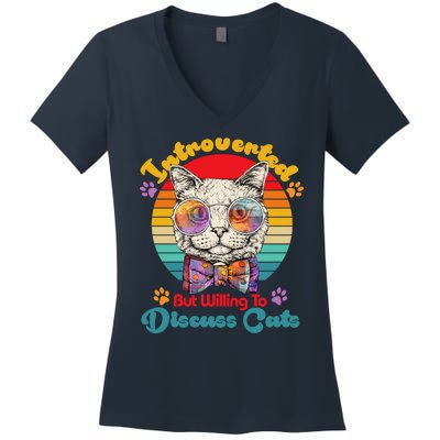 Funny Retro Hippy Hipster Glasses Cat Introverted But Willing To Discuss Cats Women's V-Neck T-Shirt