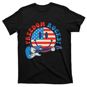 Freedom Rocks Hippie Face Rock Guitar Groovy 4th of July T-Shirt