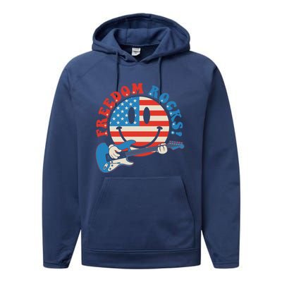 Freedom Rocks Hippie Face Rock Guitar Groovy 4th Of July Gift Performance Fleece Hoodie