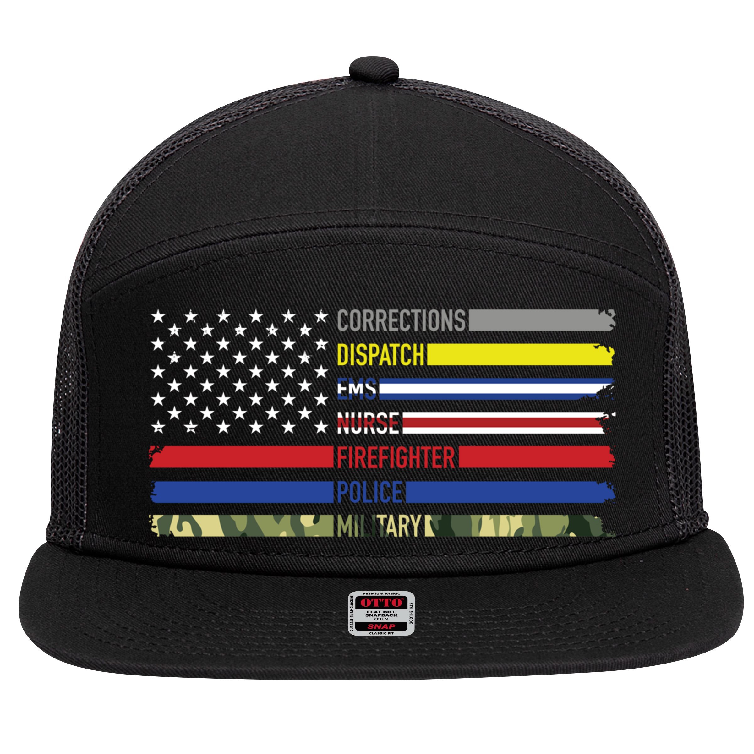 First Responders Hero Flag Nurse Ems Police Fire Military Gift 7 Panel Mesh Trucker Snapback Hat