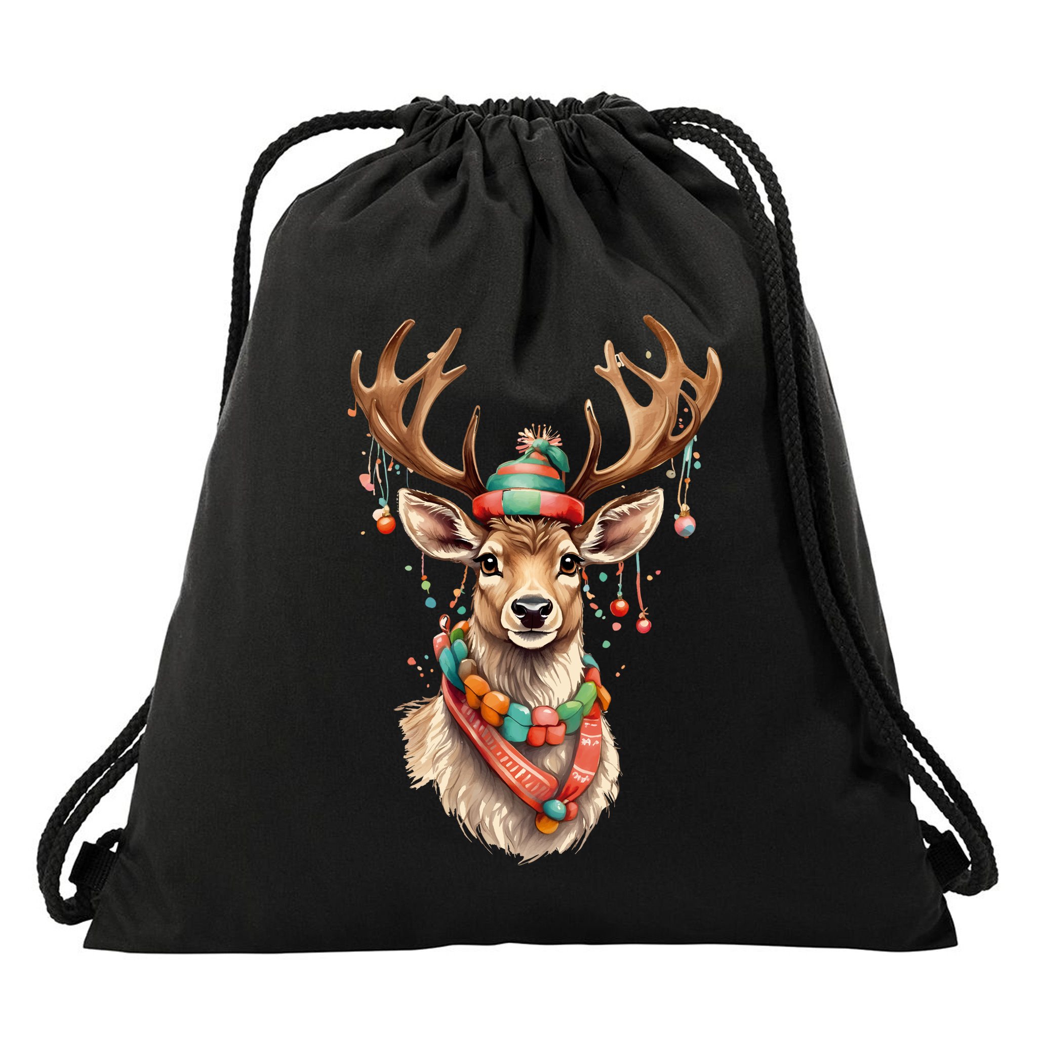 Festive Reindeer Holiday Drawstring Bag