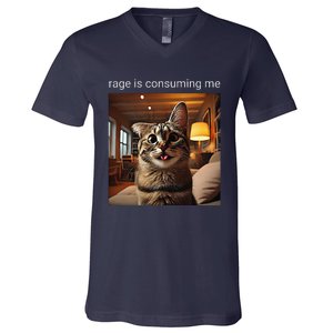 Funny Rage Is Consuming Me Silly Staring Cat Meme V-Neck T-Shirt