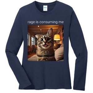 Funny Rage Is Consuming Me Silly Staring Cat Meme Ladies Long Sleeve Shirt