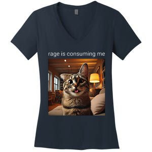 Funny Rage Is Consuming Me Silly Staring Cat Meme Women's V-Neck T-Shirt