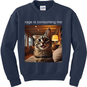 Funny Rage Is Consuming Me Silly Staring Cat Meme Kids Sweatshirt