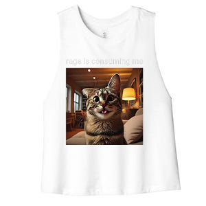 Funny Rage Is Consuming Me Silly Staring Cat Meme Women's Racerback Cropped Tank