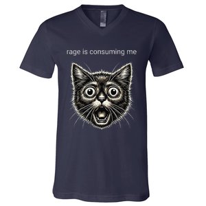 Funny Rage Is Consuming Me Silly Staring Cat Meme V-Neck T-Shirt