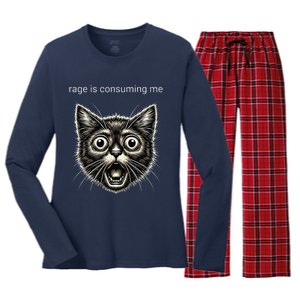 Funny Rage Is Consuming Me Silly Staring Cat Meme Women's Long Sleeve Flannel Pajama Set 