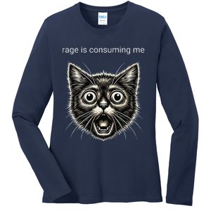 Funny Rage Is Consuming Me Silly Staring Cat Meme Ladies Long Sleeve Shirt