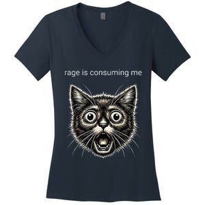 Funny Rage Is Consuming Me Silly Staring Cat Meme Women's V-Neck T-Shirt