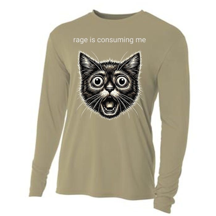 Funny Rage Is Consuming Me Silly Staring Cat Meme Cooling Performance Long Sleeve Crew