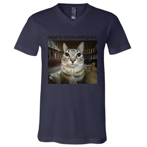 Funny Rage Is Consuming Me Silly Staring Cat Meme V-Neck T-Shirt