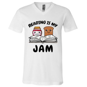 Funny Reading Is My Jam for Teacher Nerd Bookworm Book Lover V-Neck T-Shirt