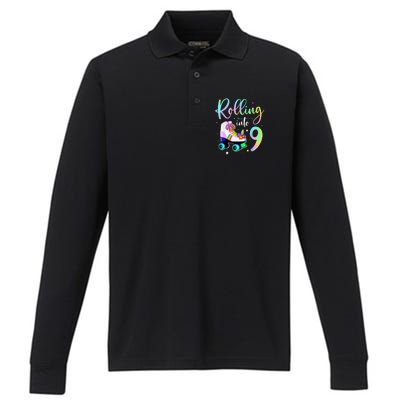 funny rolling in to 9 birthday Performance Long Sleeve Polo