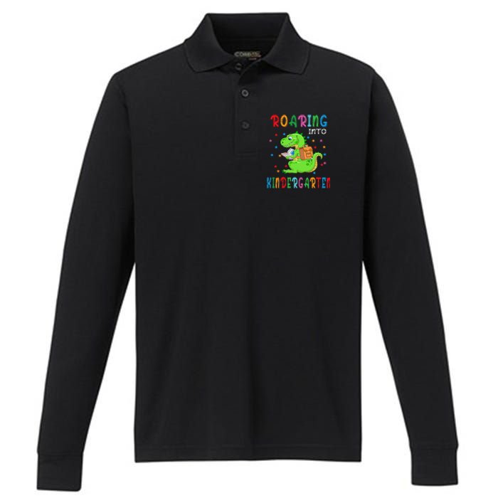 Funny Roaring Into Kindergarten Funny Back To The School Performance Long Sleeve Polo