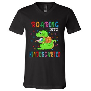 Funny Roaring Into Kindergarten Funny Back To The School V-Neck T-Shirt