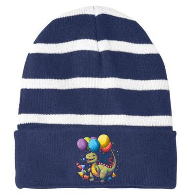 Funny Rawr Im 5 T Rex Dinosaur 5th Birthday Dinosaur Party Striped Beanie with Solid Band