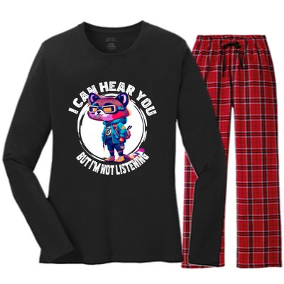 Funny Raccoon I Can Hear You But Im Listening Women's Long Sleeve Flannel Pajama Set 