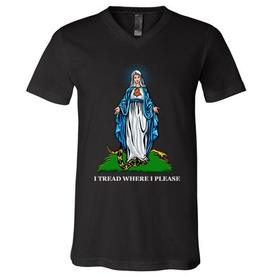 Funny Religious I Tread Where I Please Mary Versus Tread On Me Snake V-Neck T-Shirt