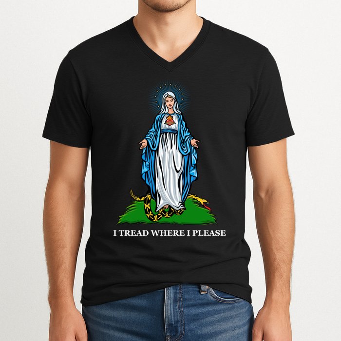 Funny Religious I Tread Where I Please Mary Versus Tread On Me Snake V-Neck T-Shirt