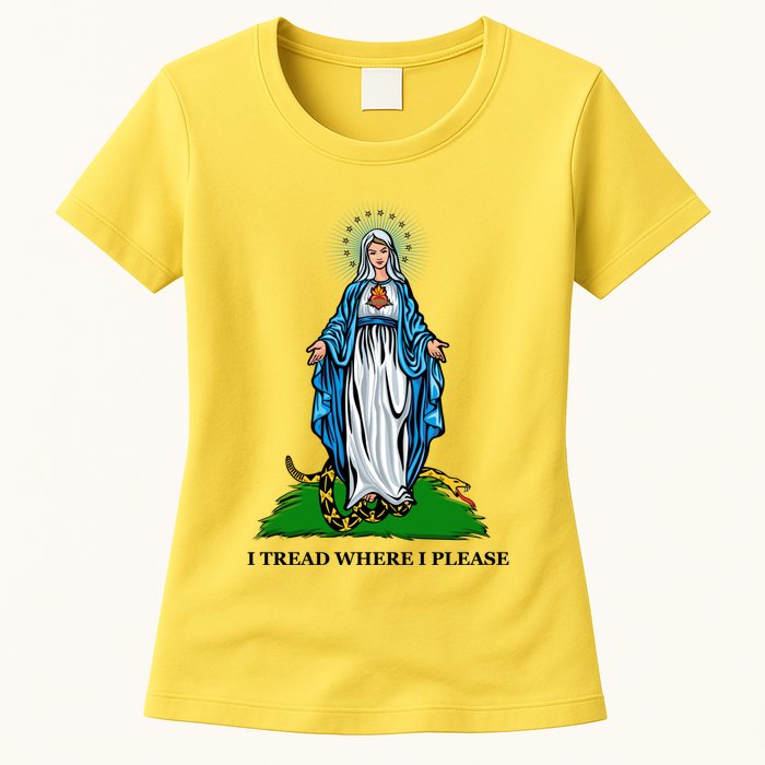 Funny Religious I Tread Where I Please Mary Versus Tread On Me Snake Womens T-Shirt
