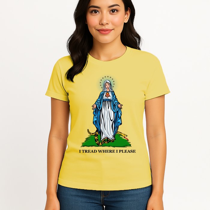 Funny Religious I Tread Where I Please Mary Versus Tread On Me Snake Womens T-Shirt