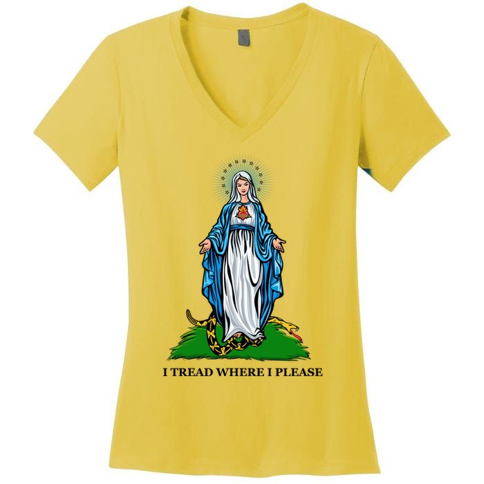 Funny Religious I Tread Where I Please Mary Versus Tread On Me Snake Women's V-Neck T-Shirt