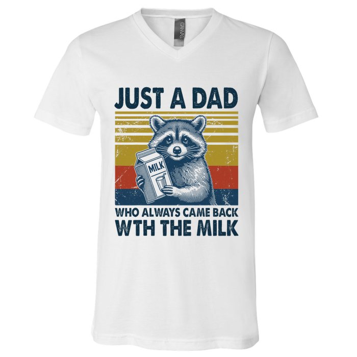 Funny Raccoon Just A Dad Who Always Came Back With The Milk V-Neck T-Shirt