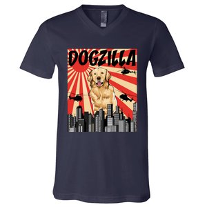 Funny Retro Japanese Dogzilla Golden Retriever V-Neck T-Shirt