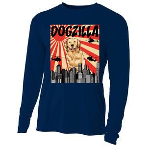 Funny Retro Japanese Dogzilla Golden Retriever Cooling Performance Long Sleeve Crew