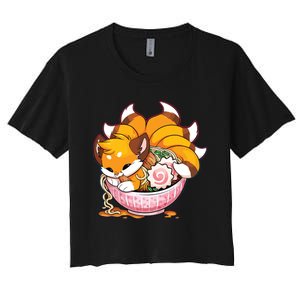 Fox Ramen Japanese Noodles Cute Kawaii Anime Gifts Teen Women's Crop Top Tee