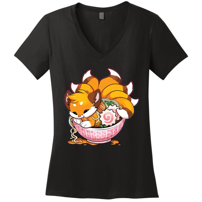 Fox Ramen Japanese Noodles Cute Kawaii Anime Gifts Teen Women's V-Neck T-Shirt