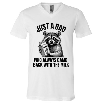 Funny Raccoon Just A Dad Who Always Came Back With The Milk V-Neck T-Shirt