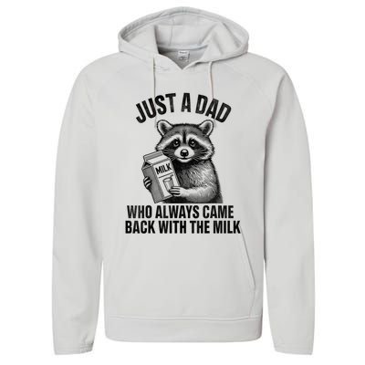 Funny Raccoon Just A Dad Who Always Came Back With The Milk Performance Fleece Hoodie