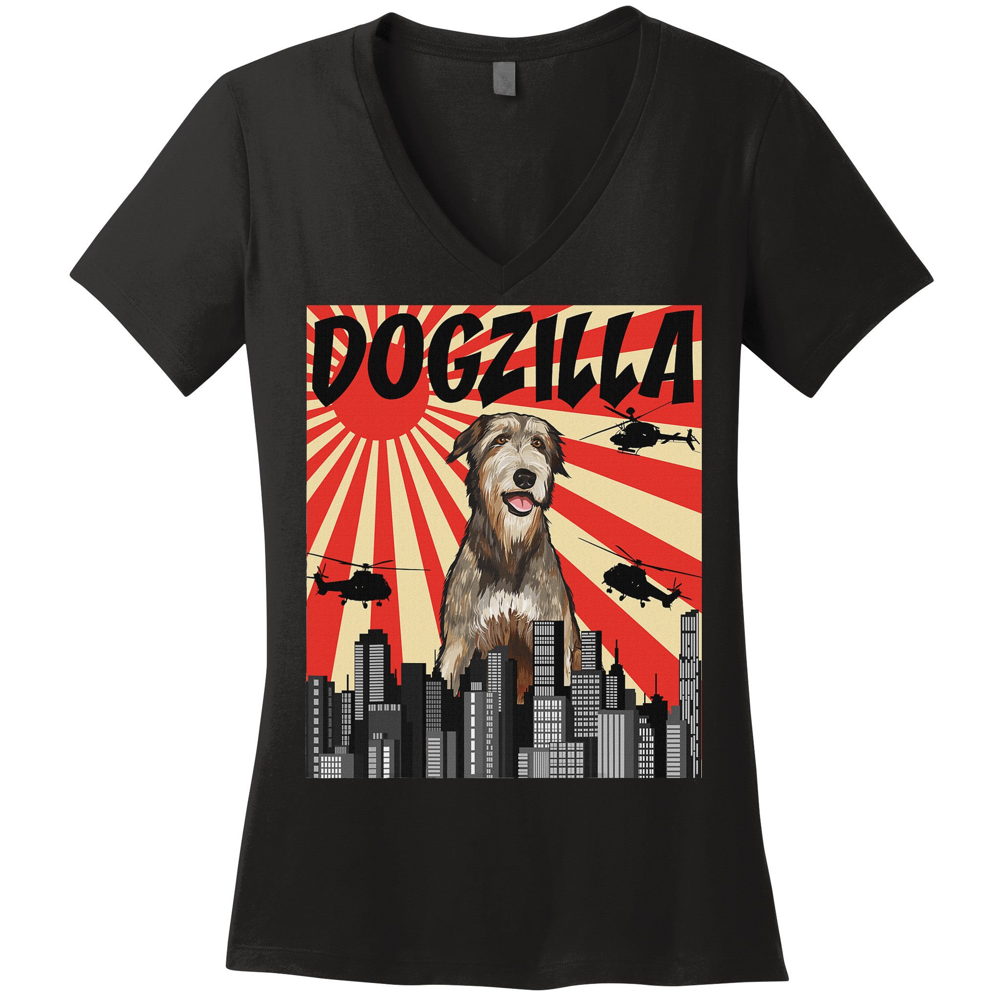 Funny Retro Japanese Dogzilla Irish Wolfhound Women's V-Neck T-Shirt