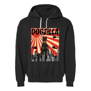 Funny Retro Japanese Dogzilla Doberman Pinscher Garment-Dyed Fleece Hoodie