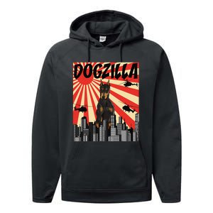 Funny Retro Japanese Dogzilla Doberman Pinscher Performance Fleece Hoodie