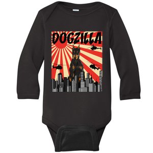 Funny Retro Japanese Dogzilla Doberman Pinscher Baby Long Sleeve Bodysuit