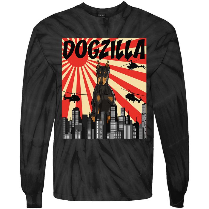 Funny Retro Japanese Dogzilla Doberman Pinscher Tie-Dye Long Sleeve Shirt