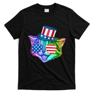 Funny Rainbow Kitty Cat Patriotic 4th Of July American Flag T-Shirt