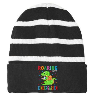 Funny Roaring Kindergarten TRex Back To The School Striped Beanie with Solid Band