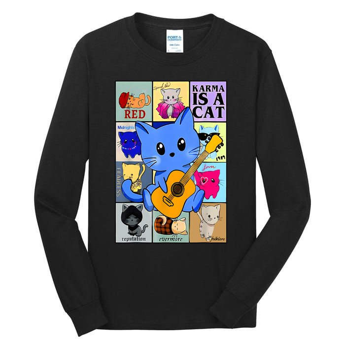 Funny Retro Karma Is A Cat The Eras Cat Day Cat Owners Tall Long Sleeve T-Shirt