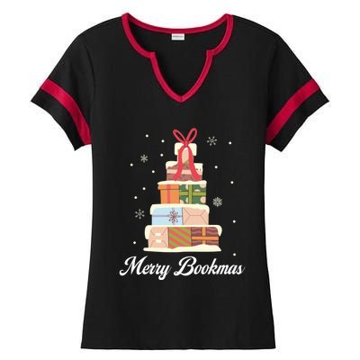 Funny Reading Lover Christmas Merry Bookmas Books Pine Tree Ladies Halftime Notch Neck Tee