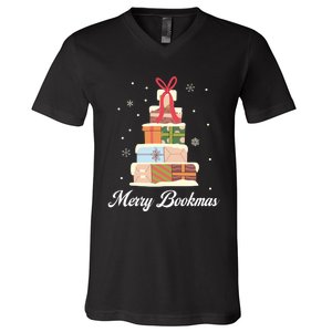 Funny Reading Lover Christmas Merry Bookmas Books Pine Tree V-Neck T-Shirt