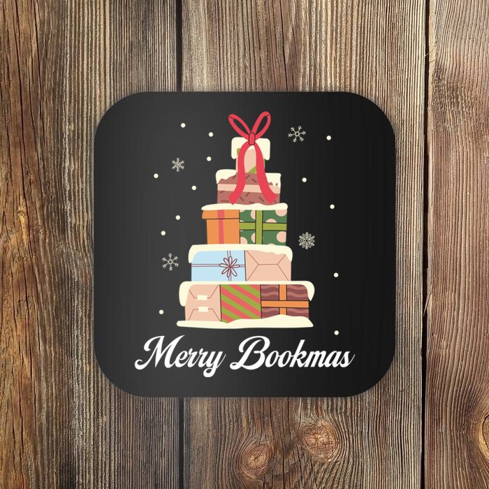 Funny Reading Lover Christmas Merry Bookmas Books Pine Tree Coaster