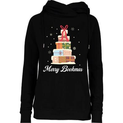 Funny Reading Lover Christmas Merry Bookmas Books Pine Tree Womens Funnel Neck Pullover Hood