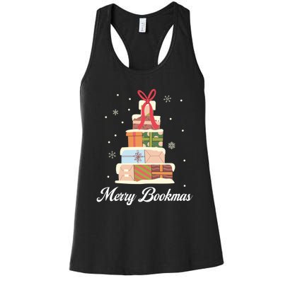 Funny Reading Lover Christmas Merry Bookmas Books Pine Tree Women's Racerback Tank