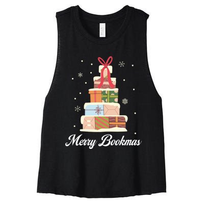 Funny Reading Lover Christmas Merry Bookmas Books Pine Tree Women's Racerback Cropped Tank